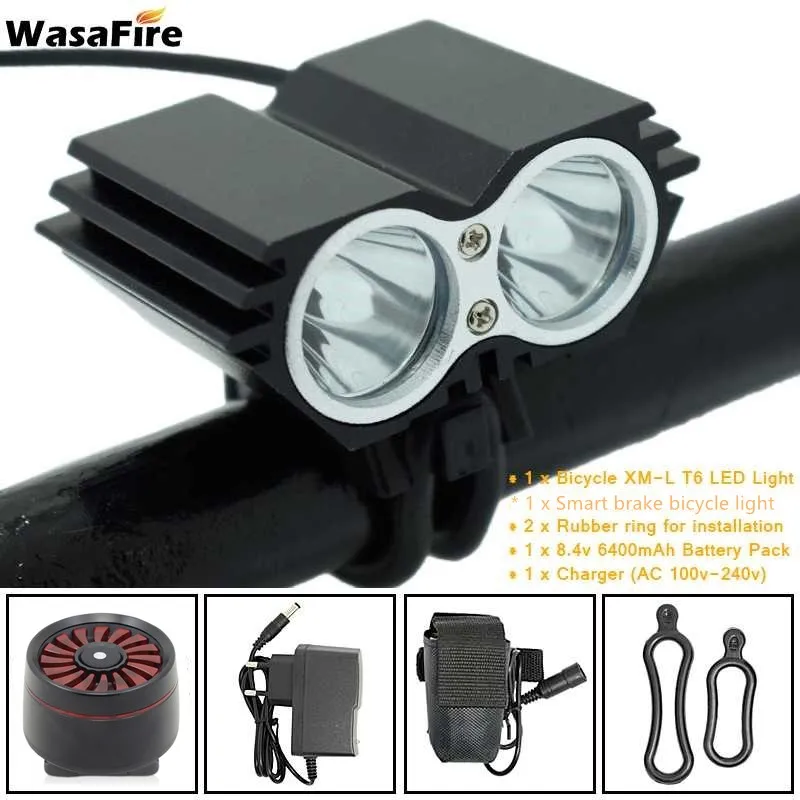 WasaFire Bicycle Light Set 2x XML T6 Bike Front Light+ Smart Bike Brake Sensor Lamp Cycling Headlight Taillight+ 18650 Battery
