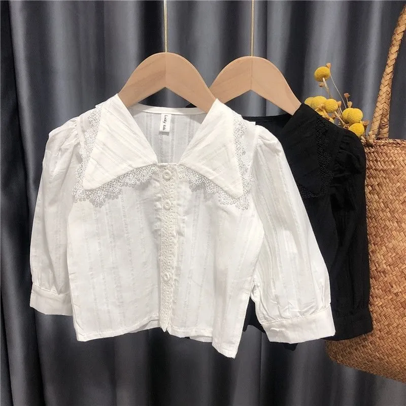 spring kids girls clothes suit children long sleeve shirt+high waist jeans+belt baby girl clothing set Girls lapel lace blouse