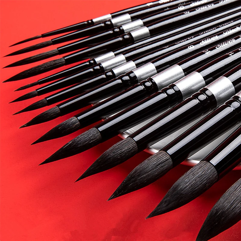 

Профессиональные круглые кисти с длинной черной ручкой, кисти для рисования с беличьими волосами для детали, художественная швабра с акварелью и гуашью