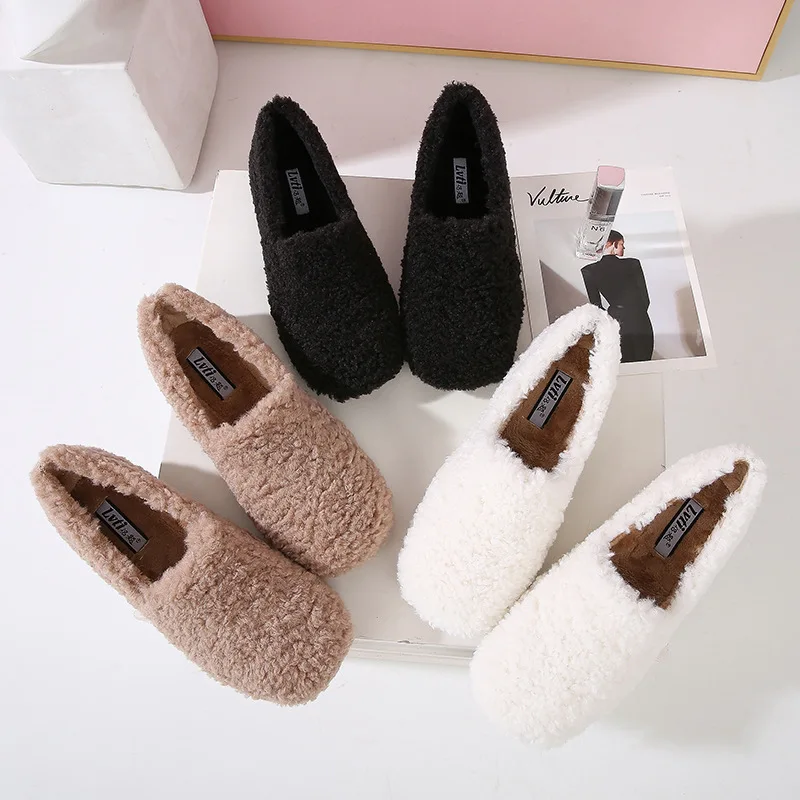 

2019 Autumn And Winter round-Toe Lambs Wool Small 3233 Peas WOMEN'S Shoes Outer Wear Furry Flat Top Shoes Large Size 414243
