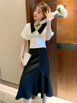 

Trendy Ageing Puff Sleeve Ddiamante Buckle Waist Hugging Shirt + Fishtail Skirt Suit Women's Fashion Summer New Style