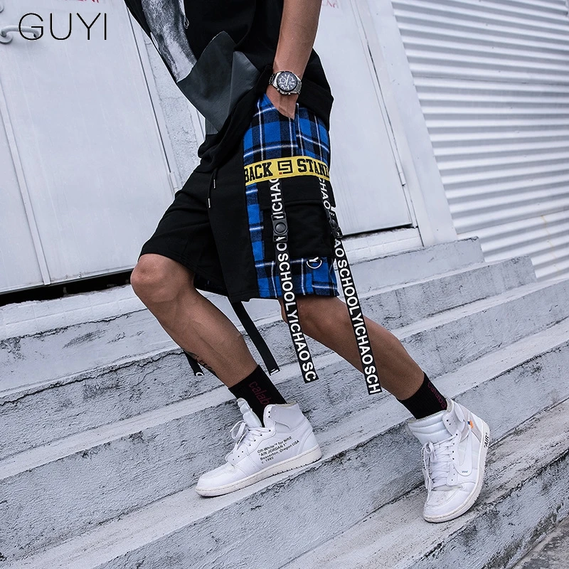 Blue Shorts Повседневные мужские спортивные шорты в клетку с буквенным принтом в стиле хип-хоп, спортивные шорты с карманами, мужские уличные брюки с лентами - Цвет: Blue Shorts