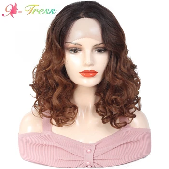 

1.5'' Lace Front X-TRESS Wave 14inch Brown Colored Medium Glueless Synthetic Wigs for White Women Heat Resistant Cosplay Wigs