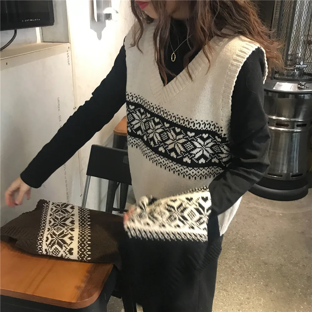 Women Sleeveless Pullover Fall Korean Style Vintage Geometric V Neck Knitted Sweater Vest Black Beige Knitwear T422