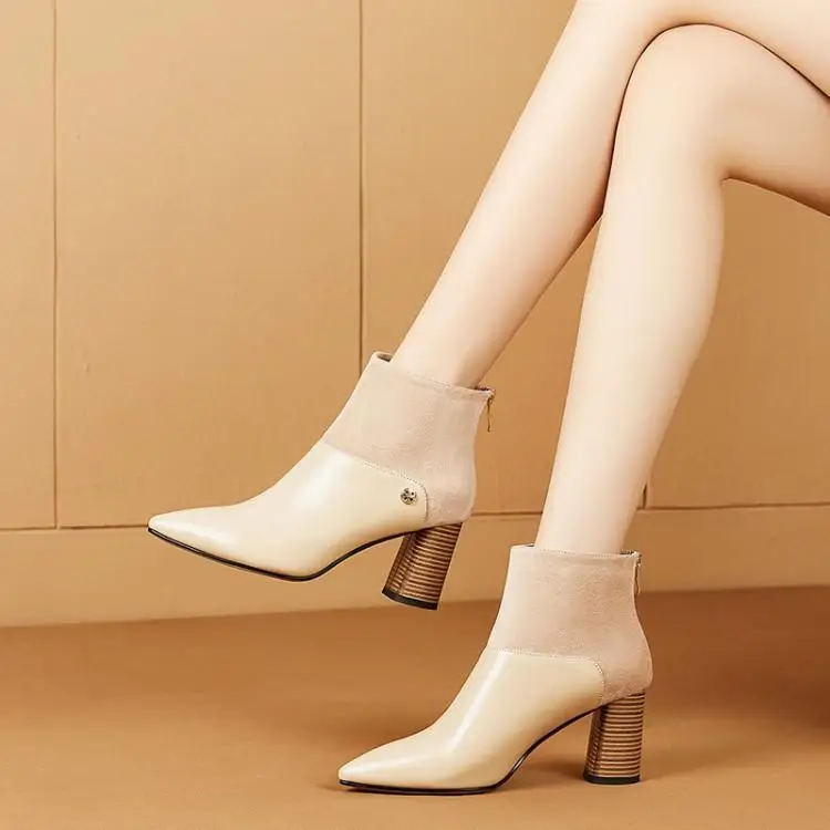 

Female pointed short boots thick with autumn high-heeled boots Martin leather stitching and ankle boot head layer cowhide