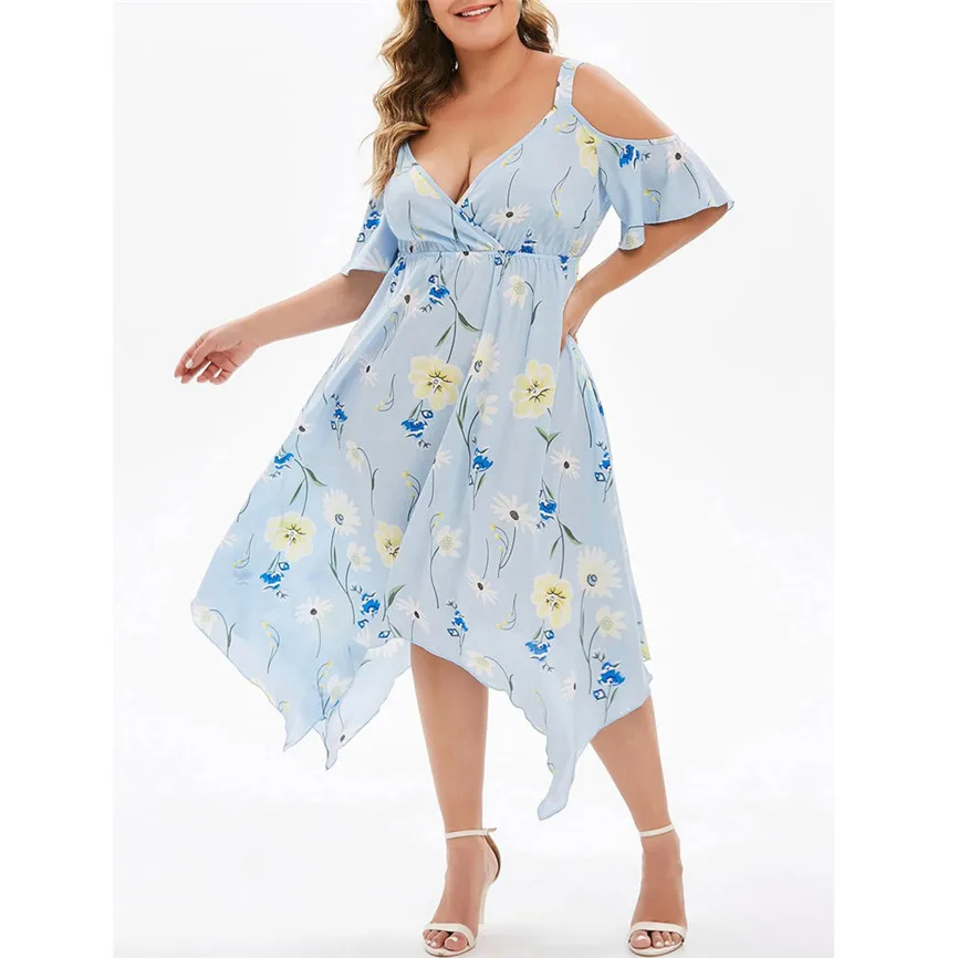  2020 Women Summer Dresses Casual Sexy Vintage Plus Size Dress Open Shoulder Floral Printed Handkerc