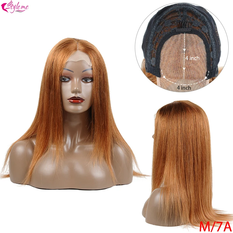 

Styleme Auburn Human Hair Wig Color30 Straight Lace Closure Wig 4*4 150% 10-28 Middle Ratio Brazilian Hair Wig Closure Non-Remy