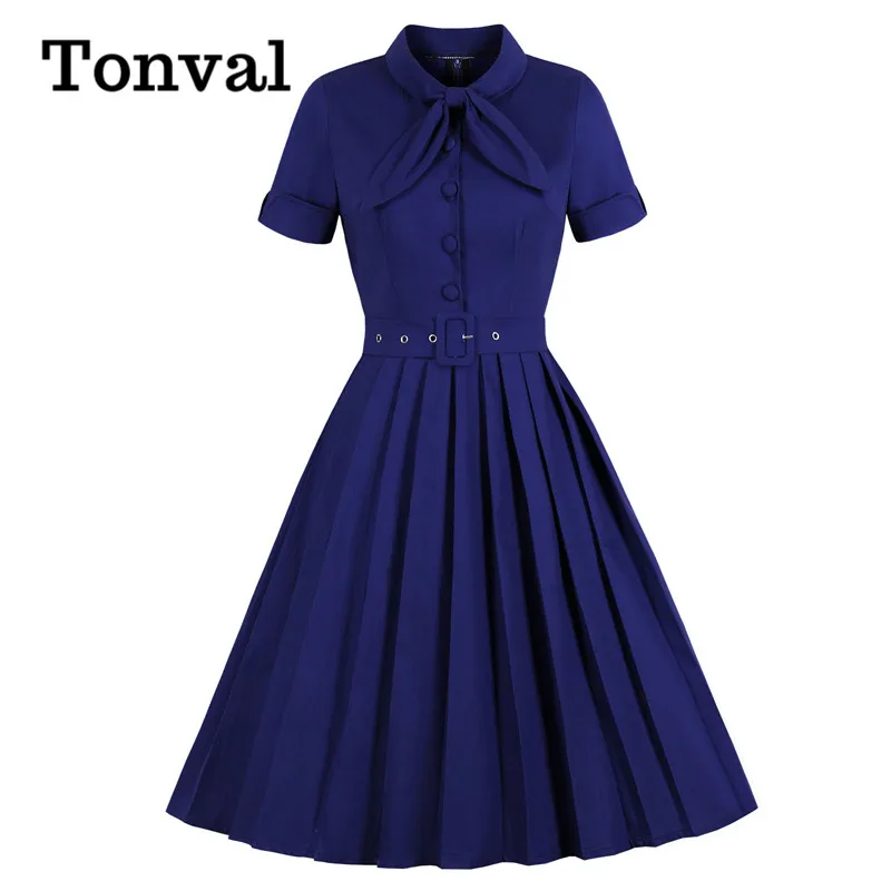 Tonval Vintage Style Bow Tie Neck Button Up Elegant Midi Pleated Dress