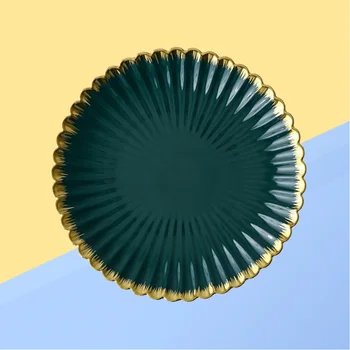 

26.5x26.5x3cm Gold Edge Chrysanthemum Dish Creative Retro Dark Green Ceramic Plates Size 10inch