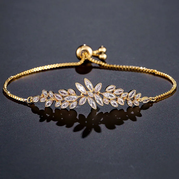 

UILZ 2018 Cubic Zirconia Jewelry White Color Leaf Charm CZ Crystal Female Chain Bracelets Bangles For Women UB2096
