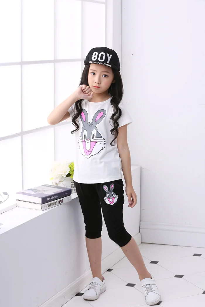 Комплекты детской одежды летний спортивный костюм для девочек хлопковая футболка с короткими рукавами и рисунком+ штаны, 2 предмета, одежда для девочек 3, 4, 5, 6, 7, 8, 9 лет