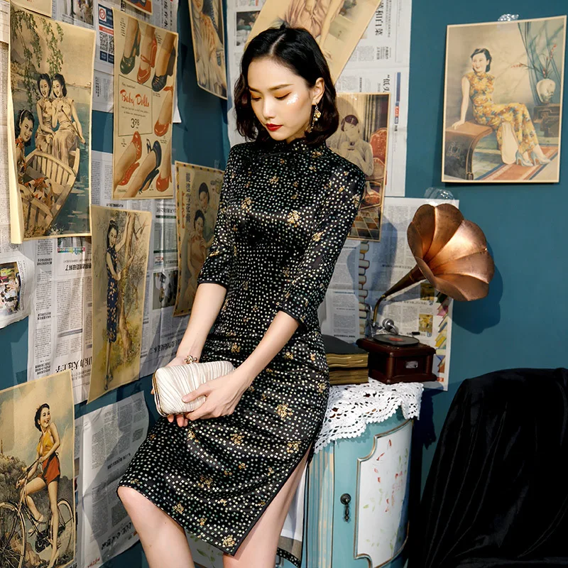 Женская Китайская одежда с коротким рукавом Cheongsam Китайский Стиль Элегантное повседневное традиционное платье атласное шелковое Qipao