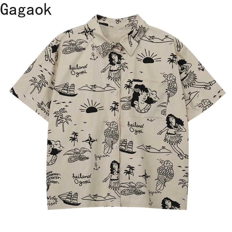 

Gagaok 2020 Vintage Women Shirts Spring Autumn New Lapel Print Short Slim Chic Simple Wild Female Fashion Korean Blouse Tops