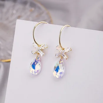 

NPKDS New Fashion Transparent Crystal Love Long Pendant Bow Drop Water Drop Simulation Pearl Drop Earring Gift
