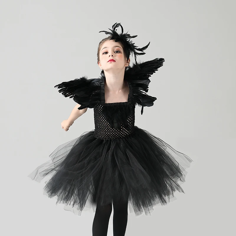 Black Swan Grils Tutu Dress with Feather Wing and Hair Clip Evil Queen Kids Halloween Carnival Party Costume Ballet Tutu Dress (3)