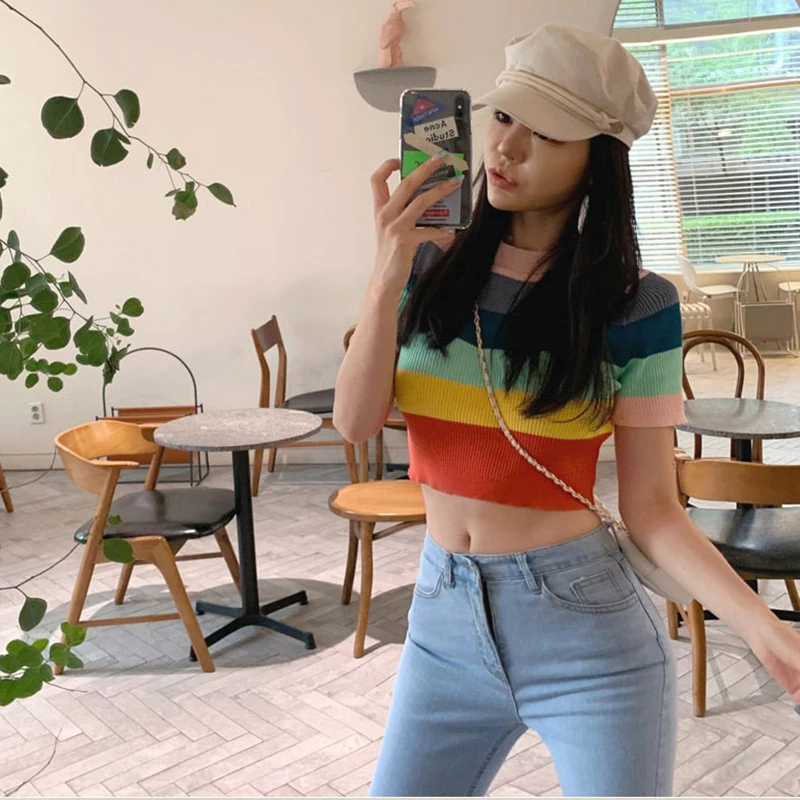 

Render unlined upper garment to coat the super fire rainbow stripe T-shirt female ins web celebrity in new color red joker knitt