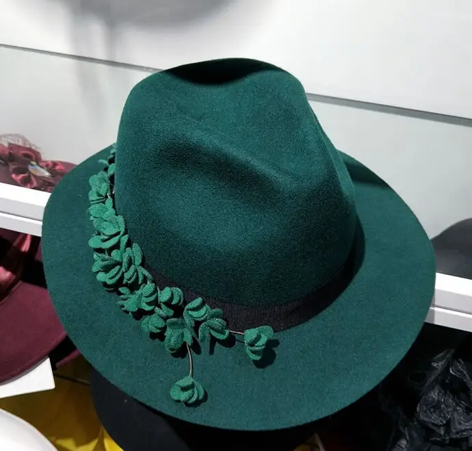 01911-HQ-FM10011 леди цветок шерсть формальная Шляпа Fedora Женщины Панама джазовая, шляпа - Цвет: Зеленый