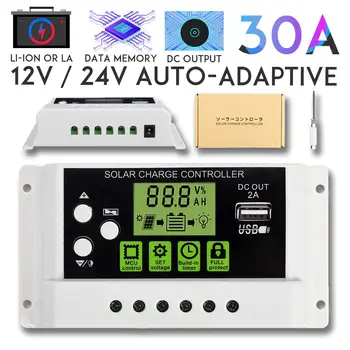 

30A 12V/24V PWM Solar Panel Charge Controller Li-ion & Lead Acid Battery USB Charger LCD Display