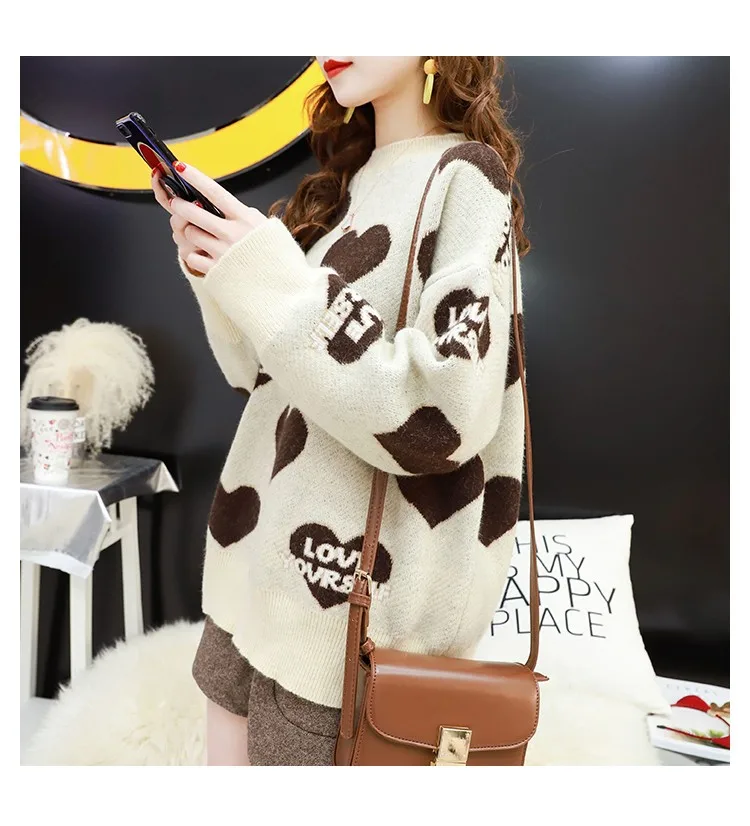 Letter Heart Oversized Sweater Women Knitted Winter Jumper Korean Harajuku Elegant Pullovers Casual Clothes Warm Loose V901