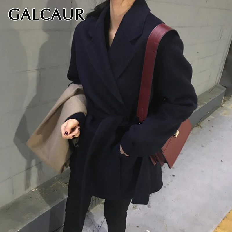 

GALCAUR Korean Casual Wool Coat Female Lapel Collar Long Sleeve High Waist Sashes Lace Up Thick Womens Coats 2019 Autumn Winter