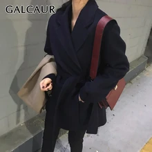 GALCAUR, корейское повседневное шерстяное пальто для женщин, воротник с лацканами, длинный рукав, высокая талия, пояс на шнуровке, толстое Женское пальто, Осень-зима