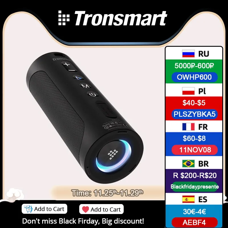  Портативный динамик Tronsmart T6 Pro Bluetooth 5.0, до 45 Вт, аккумулятор IPX6 10400 мАч, три переключения EQ-эффектов 