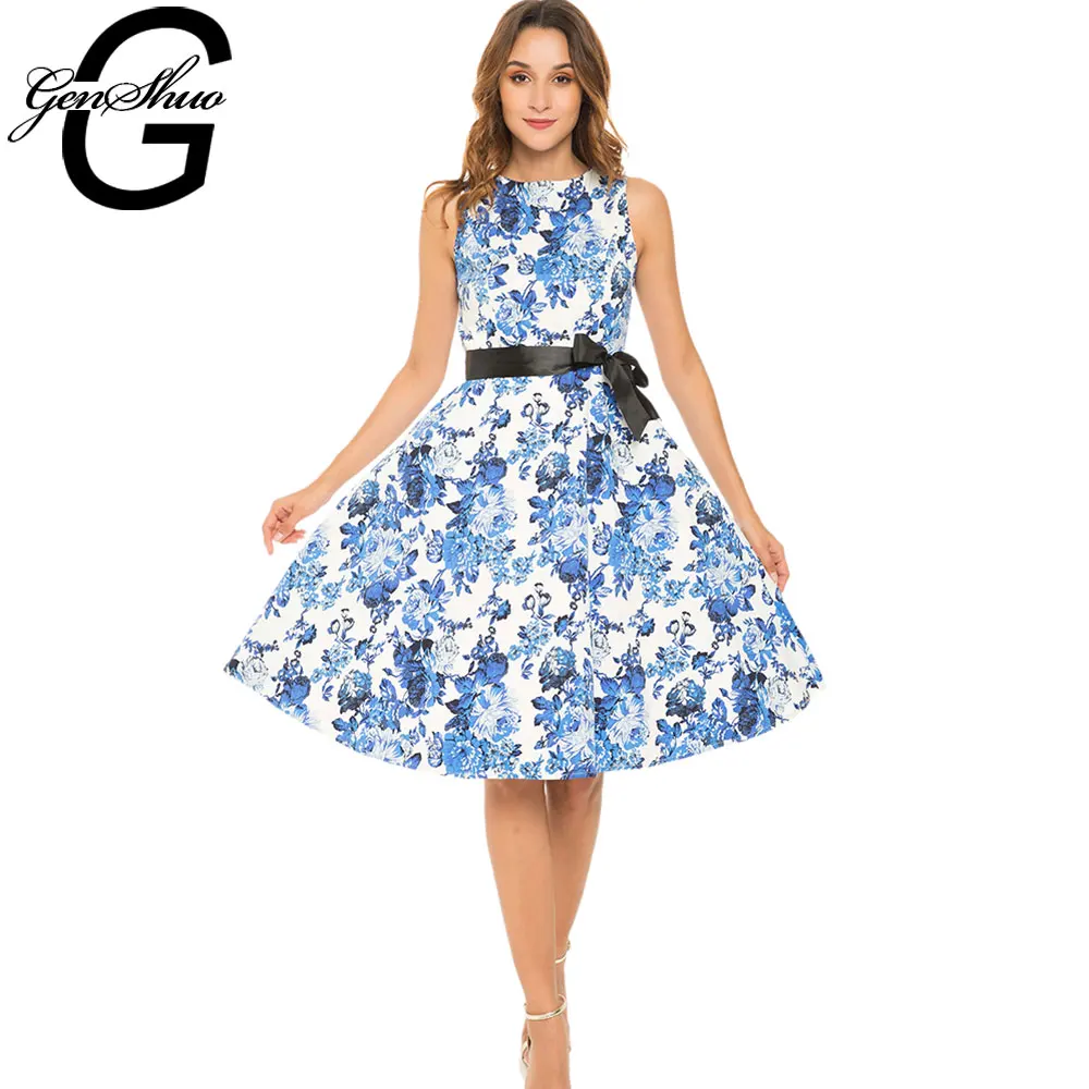 

GENSHUO Plus Size Floral Print Vintage Dress Women Sleeveless O Neck Retro Robe Rockabilly Feminino Vestidos Dresses Femme