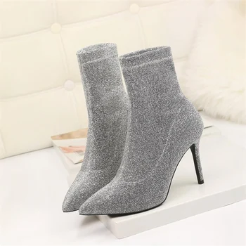 

Ladies Heel Shoes Sock Boots Autumn Scarpe Donna Pointed Toe Buty Damskie High Heels Ankle Boots For Women Bling Female Shoes