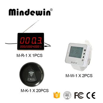 

Mindewin Restaurant Wireless Calling System 1PCS LED Display Panel M-R-1 + 2PCS Watch Pager M-W-1 + 20PCS Call Button M-K-1