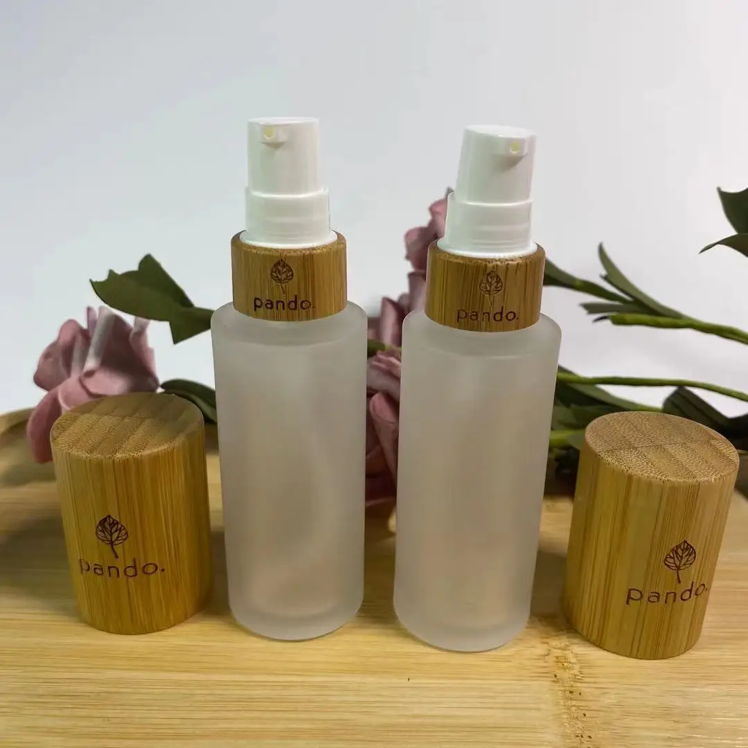 Frosted Cylinder Glass Perfume Spray Bottle 150ml Flat Shoulder Bamboo Pump Cap Spray Lids Cosmetic Essence Cream Bottle