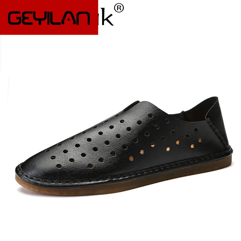 

New Spring Men's Loafers Fashion Hollow Breathable Casual Men Shoes Slip On Leather Anti-skid Soft Men Footwear's Flat