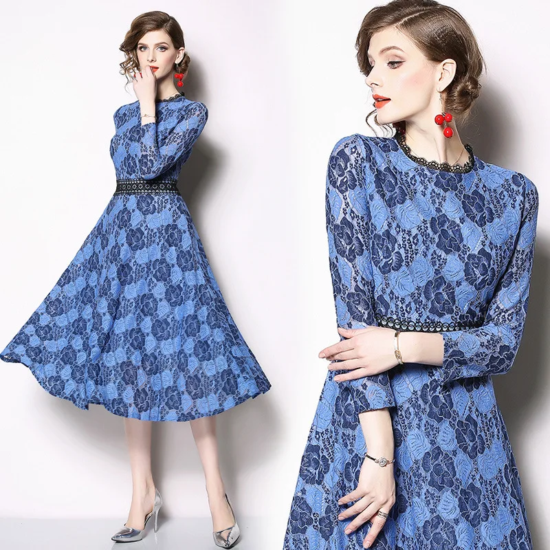 

Ozhouzhan 2019 Spring And Autumn New Style Western Style Crochet Hollow out Joint Crew Neck Ninth Sleeve Lace Dress Explosion