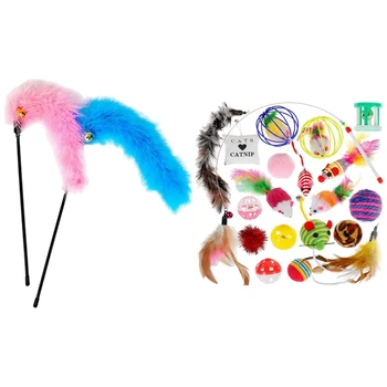 

1 Set Cat Stick Mouse Sisal Ball Toys Set Cute Kitty Toys & 2 Pcs Feathers Artificial Feather Toy Funny Short Stem