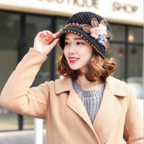 

Autumn Winter Knitted Female Three-Dimensional Flower Plush Fisherman Hat Basin Hat Mother Hat Fashion Old Age Cap Black