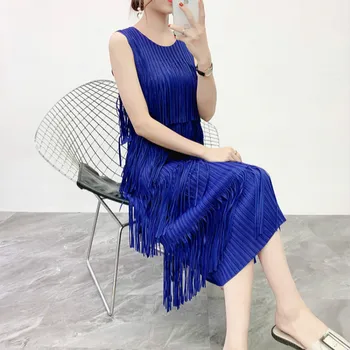 

Plus Size Dress 2019 Summer New Fashion Tassels Elastic Loose Miyake Pleated Round Neck Solid Color Tank Dress Over The Knees