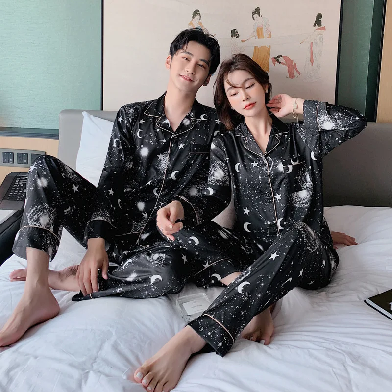 남녀공용 갤럭시 스타 문 새틴 프린트 긴팔 바지, 커플 잠옷, 연인 잠옷, 여성 잠옷, 홈웨어, 2 개