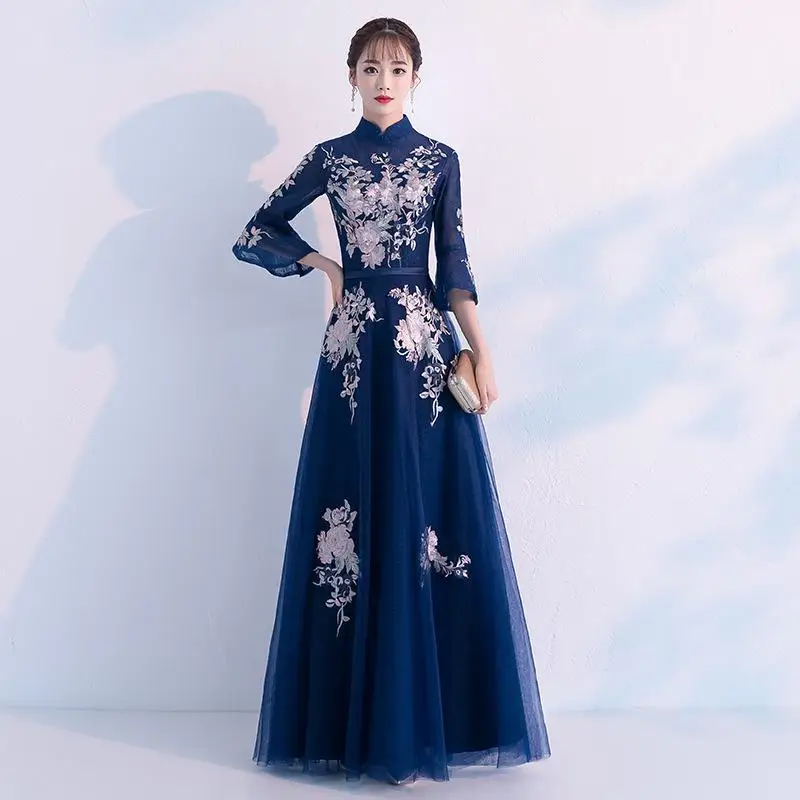 Сексуальное платье в китайском стиле; женские тонкие вечерние Длинные Cheongsam; свадебное платье; роскошное свадебное платье; Qipao; модная одежда; Vestido - Цвет: Navy Blue - E