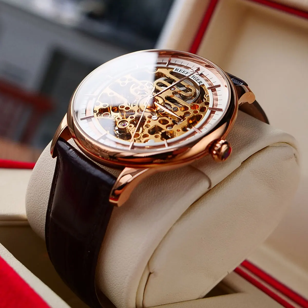 Reef Tiger Women's Luxury Automatic Watch - Pink Dial, Rose Gold, Calfskin Strap RGA1587