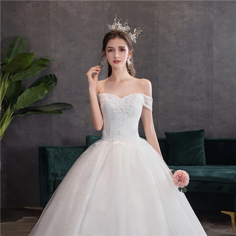 Простой светильник свадебное платье с вырезом лодочкой Vestido De Noiva длинным шлейфом Вышивка Do Dawer кружево бисер с открытыми плечами Плюс Размер 7 - Цвет: floor lenght