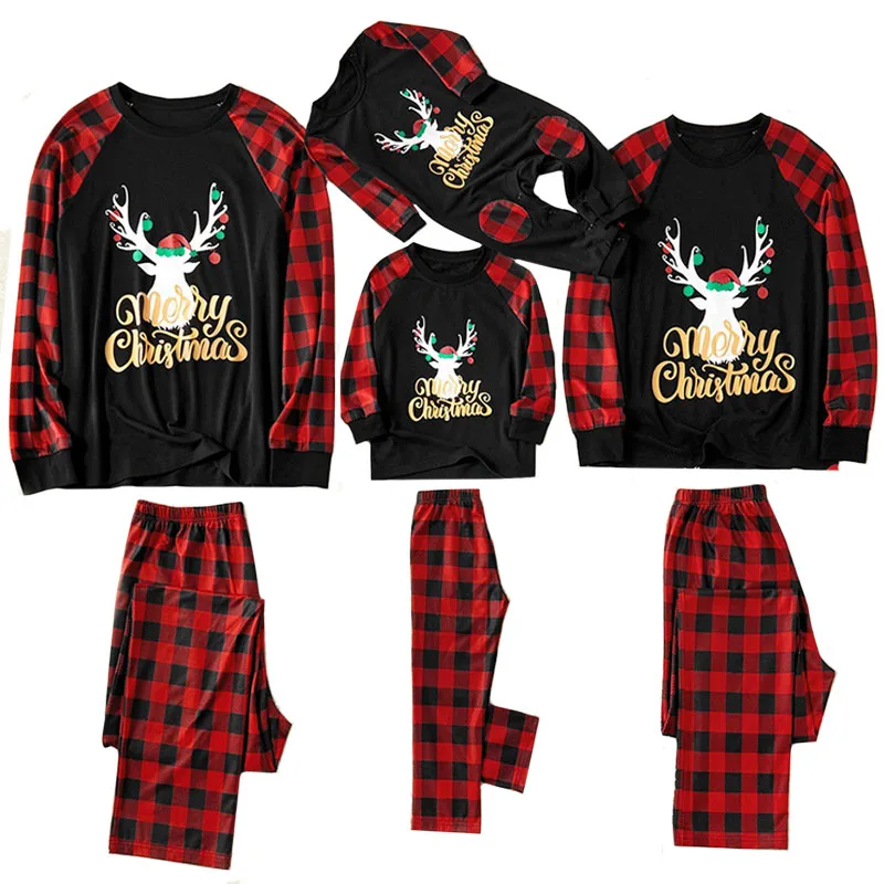 Рождественский семейный пижамный комплект; Рождественская одежда; модная Одинаковая одежда с круглым вырезом и принтом для мамы и папы; Семейные комплекты - Цвет: red black