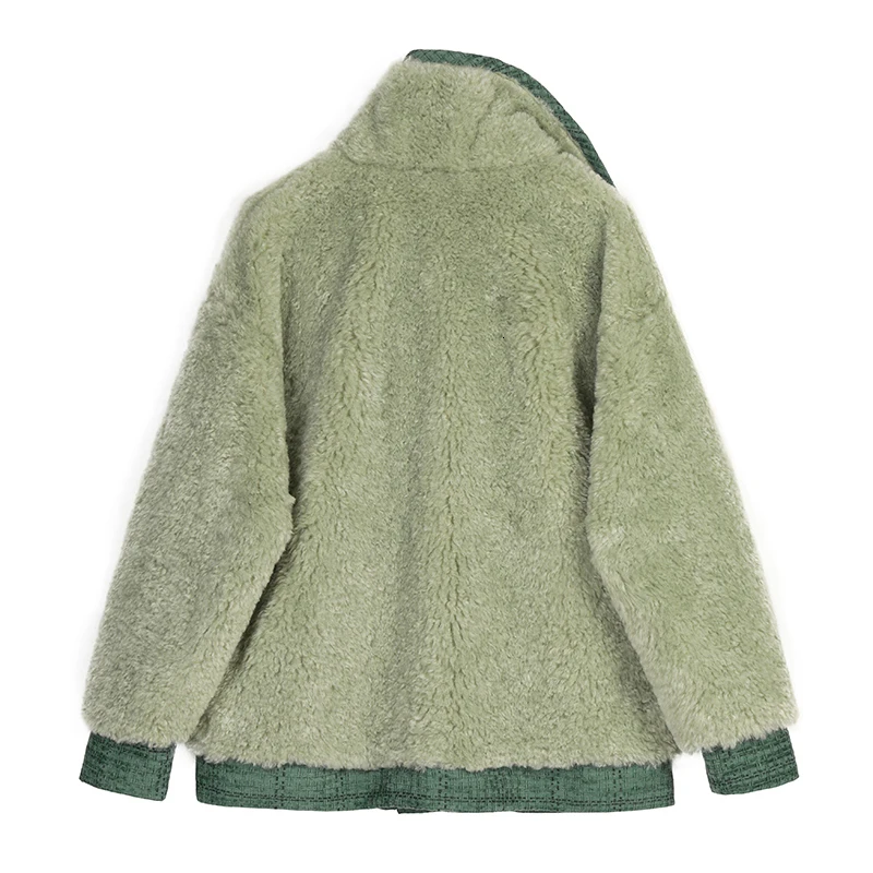 [EAM] Loose Fit Contrast Color Lambswool Split Jacket New Lapel Long Sleeve Women Coat Fashion Tide Autumn Winter 1K554