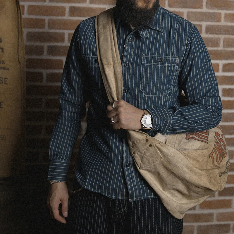 Wabash-camisa de trabajo a rayas para hombre, camisa de tela vaquera Vintage con orificios de ventilación, sin Stock