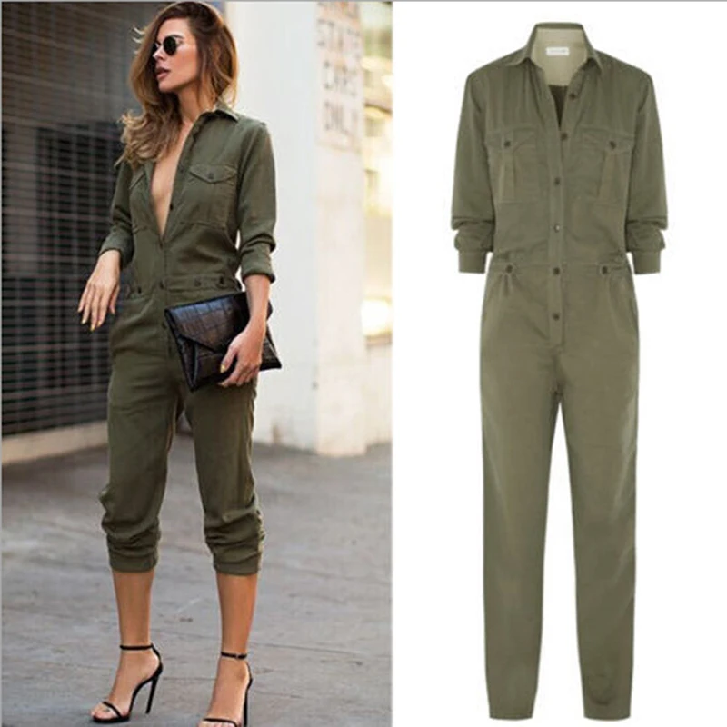Autumn Women Sexy Slanke Bodycon Jumpsuit Dames Vintage Romper Lange Jumpsuit Mouwen Legergroen Botton Jumpsuit rompers