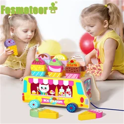 Fosmeteor Children's Educational Wooden Toys Children's Drag Ice Cream Truck Shape And Color Recognition Trailer Kids Gifts