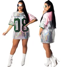 Сценические костюмы для певцов, круглый вырез, футболка с коротким рукавом блестками, платье в стиле хип-хоп, джаз, женская одежда, карнавальный наряд DT1292