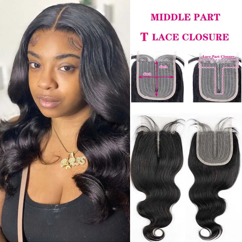 Extensiones de pelo brasileñas con malla con división en T, accesorio capilar ondulado de 22 pulgadas con cierre de malla con encaje, color Natural, 4x1