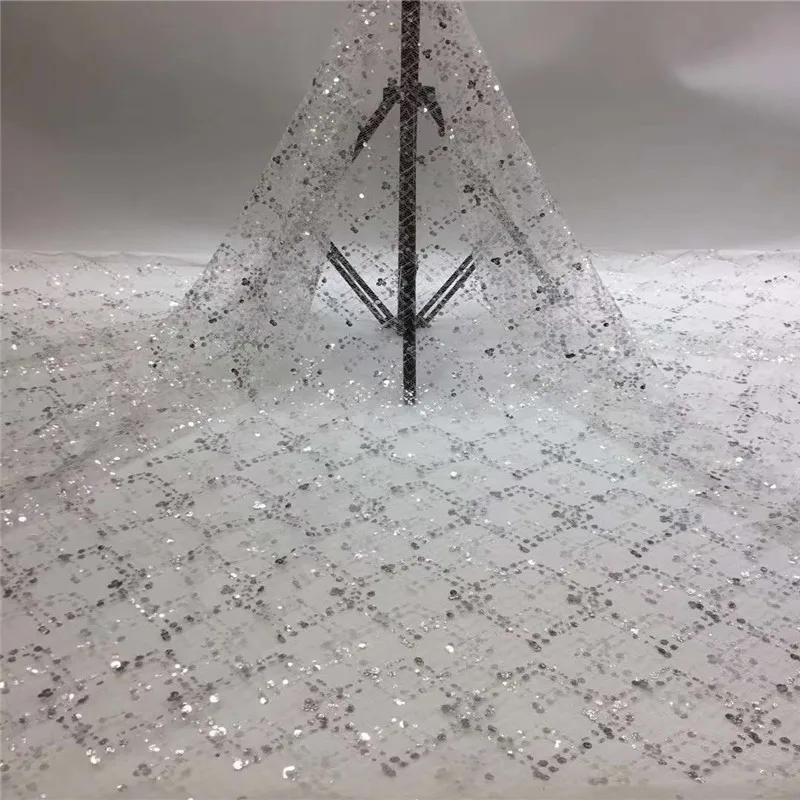 

New style French net lace African silver tulle mesh lace fabric transparent high quality nigerian sequin 3 d embroidery lace fab