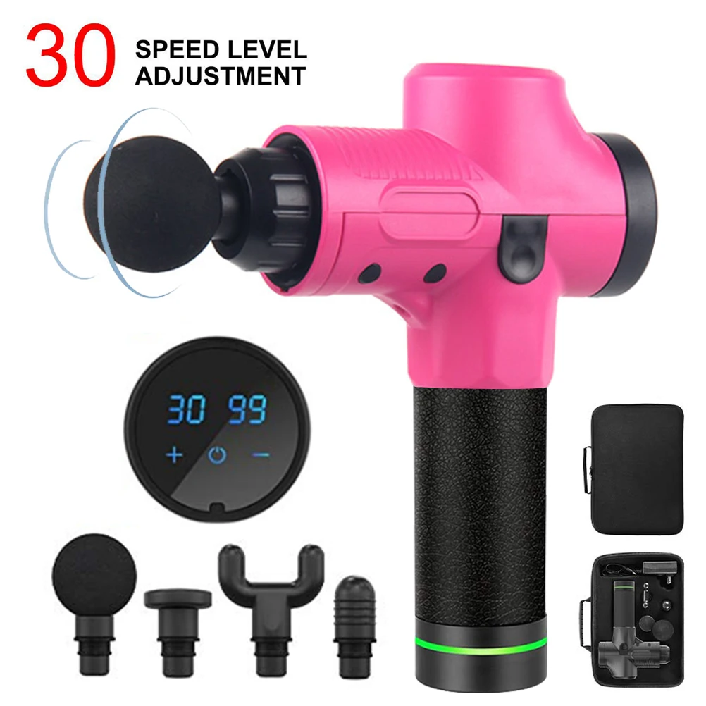 Pink US Plug Массажный пистолет для расслабления мышц электронный массажер с 4 головками ЖК-дисплей 30 Вибратор на несколько скоростей Упражнения Массаж мышц тела - Цвет: Pink US Plug