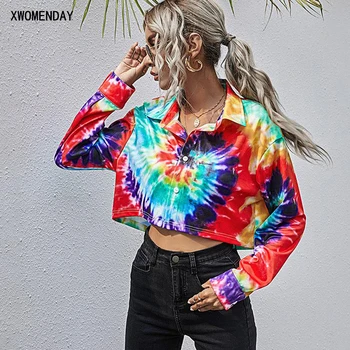 

Crop Top Women Autumn Spring Clothes Fashion Casual Button Up Collar Shirts Blouses Full Sleeves 2020 Fall Tie Dye Streetwear