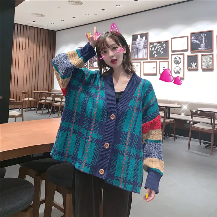 

Women's Clothing casual knitted Spring and autumn Sweaters fashion cardigans single breasted patchwork loose Korean style tops